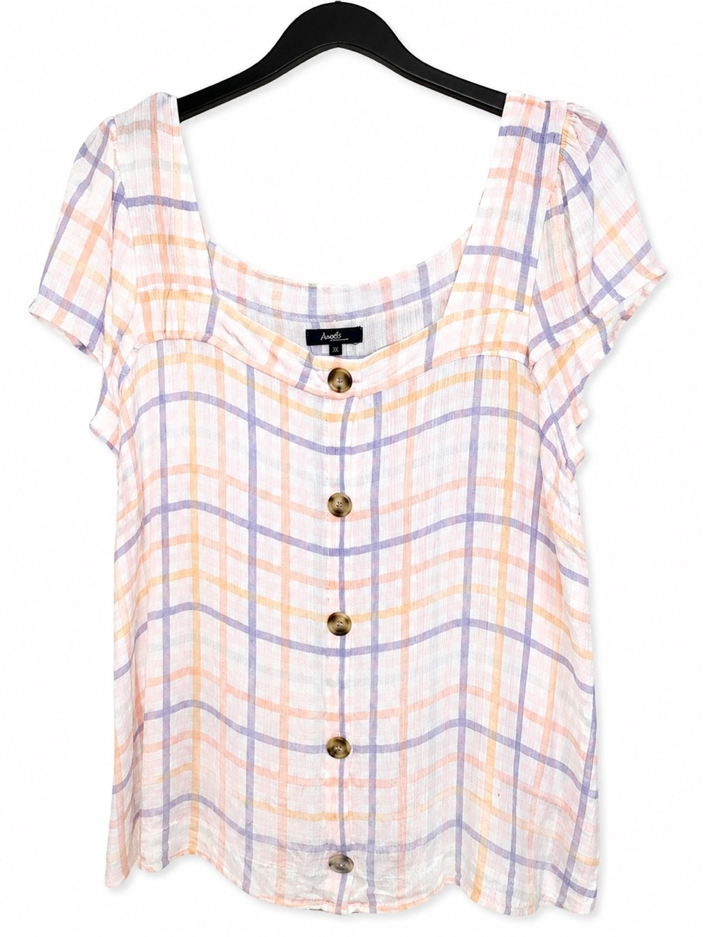 Angel’s Forever Young 3X Pastel Plaid Button Front Blouse Top
